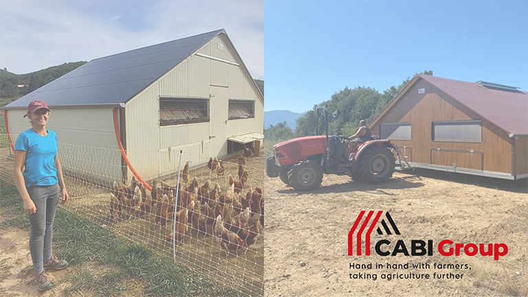 Split image showing sustainable farming practices: on the left, a person stands beside a fenced area with chickens and a barn with solar panels; on the right, another solar-panelled barn is visible with a tractor in operation. The bottom right corner features the CABI Group logo and the slogan 'Hand in hand with farmers, taking agriculture further.